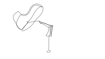 Poster - Self drawing animation of single line draw businessman facing against giant shoes stomping. Male manager pointing against giant foot step. Minimal metaphor. Continuous line draw. Full length animated