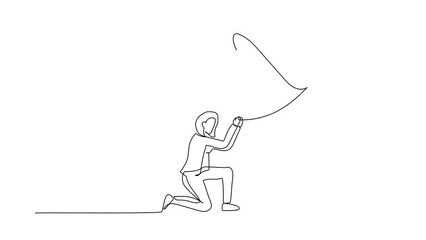 Poster - Animated self drawing of continuous line draw businesswoman kneel down under giant feet. Concept for authority, exploitation, dictator figure. Minimalist metaphor. Full length one line animation