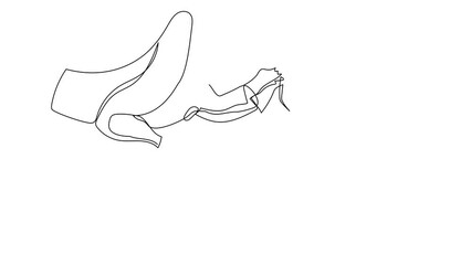 Poster - Self drawing animation of single one line draw businesswoman getting fired, flying through air after being kicked in the back. Minimalism metaphor concept. Continuous line draw. Full length animated