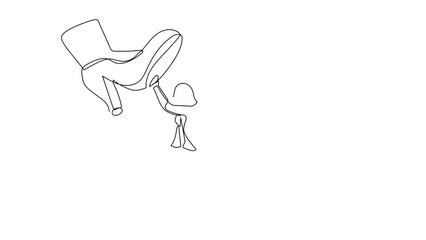 Poster - Animated self drawing of continuous one line draw brave businesswoman against giant shoes stomping. Female employee push against giant foot step. Minimalist metaphor. Full length single line animation