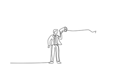 Poster - Self drawing animation of single one line draw businessman speaking with megaphone under giant shoe. Boot of army soldier stepping on businessperson. Minimalism. Continuous line. Full length animated