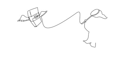 Poster - Animated self drawing of continuous line draw unlucky Arab businesswoman try to catch flying money stack with butterfly net. Losing business or project opportunity. Full length one line animation