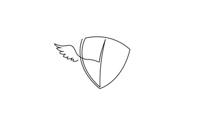 Poster - Animated self drawing of continuous line draw cute flying shield with wings. Modern professional sketch wings shield template logo. Winged shield simple mascot style. Full length single line animation