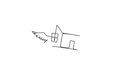 Poster - self drawing animation of single line draw flying house logo with wings. house of wings in weightles
