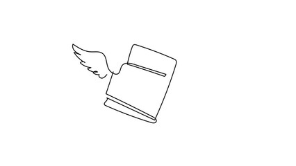Poster - Animated self drawing of single continuous line draw flying book with wings. Winged book white creative emblem. Educational sign, library symbol. Branding identity. Full length one line animation