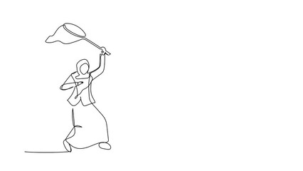 Aufkleber - Self drawing animation of single one line draw Arabian businesswoman try to catching flying laptop with butterfly net. Losing document due to computer virus. Continuous line draw. Full length animated