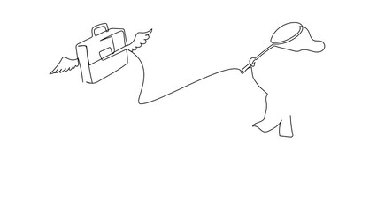 Poster - Animated self drawing of continuous one line draw Arab businesswoman try to catching flying briefcase with butterfly net. Losing job or career company. Global crisis. Full length single line animation