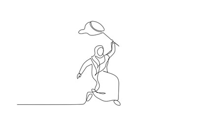 Poster - Animated self drawing of single continuous line draw Arab businesswoman try to catching flying shopping bag with net. Retail store sales decline due to economic crisis. Full length one line animation