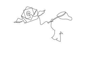 Poster - Self drawing animation of single one line draw Arab businesswoman try to catching flying mail with net. Missing mailing envelopes letter from job interview. Continuous line draw. Full length animated