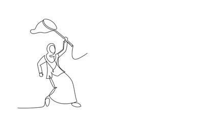 Poster - Animated self drawing of continuous line draw Arabian businesswoman try to catch flying house with butterfly net. Losing house due to failed to pay mortgage to bank. Full length single line animation