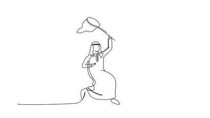 Poster - Self drawing animation of single line draw Arabian businessman try to catching flying house with butterfly net. Property prices soar every year. Business. Continuous line draw. Full length animated