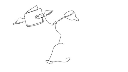 Poster - Animated self drawing of continuous line draw Arabian businessman try to catching flying wallet with butterfly net. Snack money lost on the road. Business metaphor. Full length one line animation