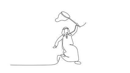 Poster - animated self drawing of continuous line draw arabian businessman try to catching flying globe with 