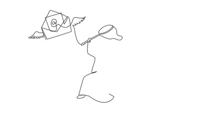 Poster - Animated self drawing of continuous line draw Arab businessman try to catching flying mail with butterfly net. Missing important paper or letter. Business metaphor. Full length single line animation