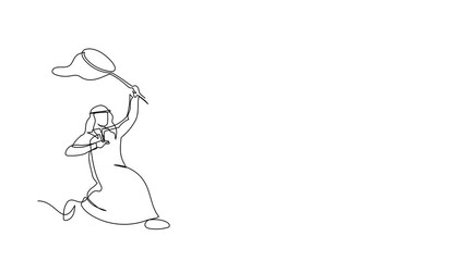 Poster - Animated self drawing of single continuous line draw Arabian businessman try to catching flying book with butterfly net. Low education due to lack of reading. Business. Full length one line animation
