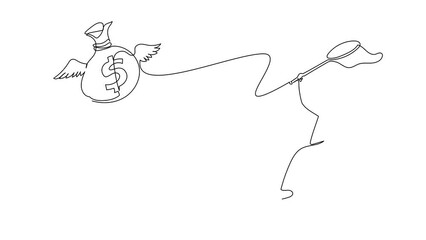 Poster - Self drawing animation of single one line draw Arabian businessman try to catching flying money bag with net. Failed to get annual bonus. Business metaphor. Continuous line draw. Full length animated