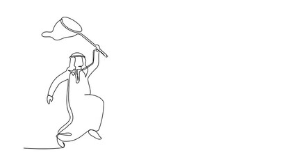Poster - Animated self drawing of continuous line draw Arabian businessman try to catching flying smartphone with butterfly net. Missing technology updates. Business metaphor. Full length one line animation