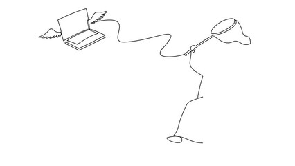Aufkleber - Self drawing animation of single one line draw Arabian businessman try to catching flying laptop with net. Loss of important company data. Business metaphor. Continuous line draw. Full length animated