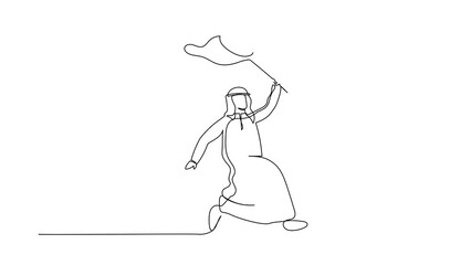 Poster - Animated self drawing of continuous line draw Arab businessman try to catching flying briefcase with net. Losing career path and bad performance. Business metaphor. Full length single line animation