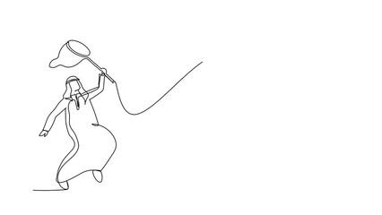 Poster - Self drawing animation of single line draw Arab businessman try to catching flying shopping bag with net. Lost groceries at supermarket. Business metaphor. Continuous line draw. Full length animated