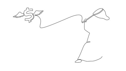 Poster - Animated self drawing of continuous line draw Arab businessman try to catching flying dollar sign symbol with net. Inflation rate rises sharply. Business metaphor. Full length single line animation