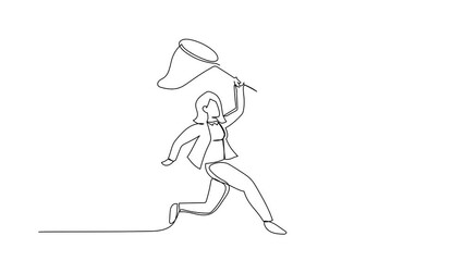 Poster - Self drawing animation of single one line draw businesswoman try to catching flying wallet with net. Losing money due to global economic or financial crisis. Continuous line draw. Full length animated