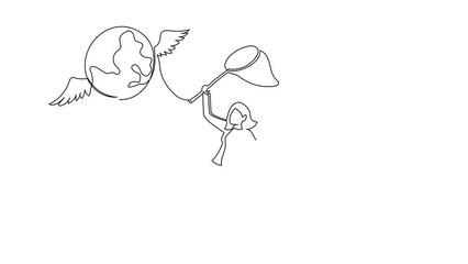 Poster - animated self drawing of continuous line draw businesswoman try to catching flying globe with butter
