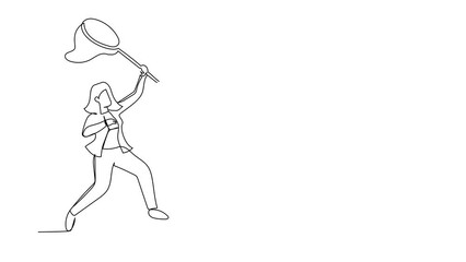 Poster - animated self drawing of continuous line draw businesswoman try to catching flying book with butterf
