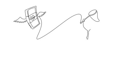 Poster - animated self drawing of continuous line draw businesswoman try to catch flying money stacks with bu