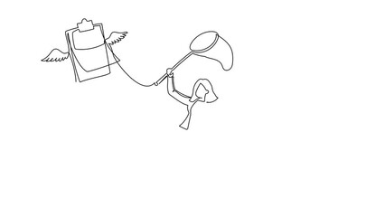 Poster - Animated self drawing of continuous line draw businesswoman try to catching flying clipboard with net. Missing checklist. Inaccurate data, document, working papers. Full length single line animation