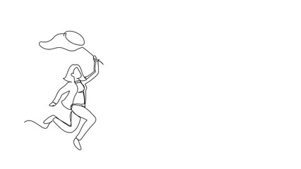 Poster - Animated self drawing of continuous line draw businesswoman try to catching flying heart with butterfly net. Breakup concept. Relationship that can't be continued. Full length one line animation