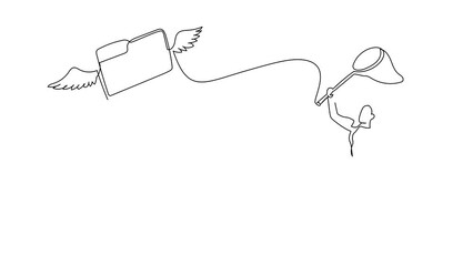 Poster - Animated self drawing of continuous line draw businesswoman try to catching flying folder with butterfly net. Leakage of documents storage data. Missing archive file. Full length one line animation