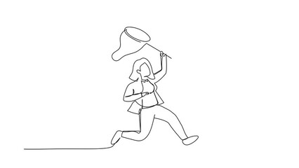 Poster - Self drawing animation of single line draw businesswoman try to catching flying trophy with butterfly net. Lost victory. Failed match. Making stupid blunder. Continuous line draw. Full length animated