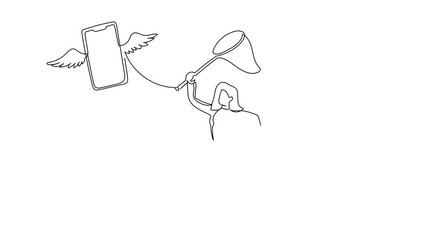 Poster - Animated self drawing of continuous line draw businesswoman try to catch flying smartphone with butterfly net. Missed phone calls interview. Lost job opportunities. Full length single line animation
