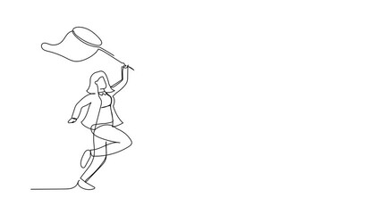 Poster - Self drawing animation of single one line draw businesswoman try to catching flying laptop with net. Losing data information due to cyber crime or computer virus. Continuous line. Full length animated