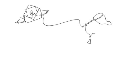 Poster - Animated self drawing of continuous line draw businesswoman try to catching flying mail with butterfly net. Unread letter. Lost job due to missing mailing envelopes. Full length one line animation