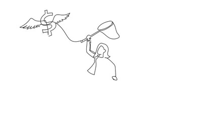 Poster - Animated self drawing of continuous line draw businesswoman try to catching flying dollar symbol with butterfly net. Economic crisis caused value of dollar fly high. Full length single line animation