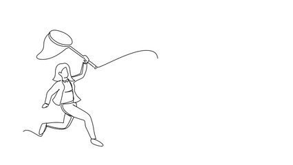 Poster - Animated self drawing of continuous line draw businesswoman try to catching flying shopping bag with net. Economic crisis made price of goods higher. Hard to shop. Full length single line animation