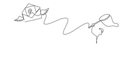 Poster - Animated self drawing of continuous line draw businessman try to catching flying mail with butterfly net. Not read incoming message. Decoration for greeting cards. Full length single line animation