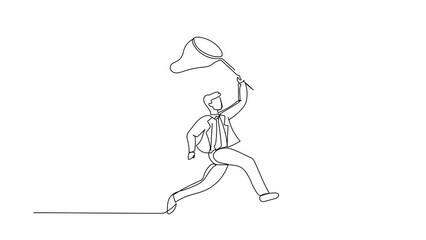 Poster - Animated self drawing of continuous line draw businessman try to catching flying book with net. Higher education to pursuit career growth. Worker study literature. Full length one line animation