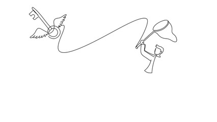 Poster - Animated self drawing of continuous line draw businessman try to catching flying key with butterfly net. Find key to solve problems, opportunity, business solution. Full length one line animation