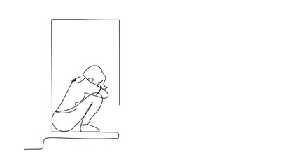 Poster - Animated self drawing of continuous line draw desperate young woman sitting on windowsill. Upset, depression, stress, melancholy, despair, frustration, life problems. Full length one line animation