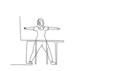 Poster - Animated self drawing of continuous line draw young woman with headphone practices yoga near window in balcony. Sports activity, workout, exercise, fitness, indoors. Full length single line animation