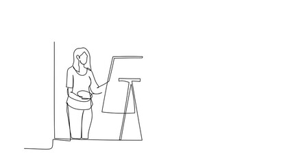 Poster - Self drawing animation of single line draw woman painter drawing near window. Female holding paint brush and palette, sketching on canvas. Artist painting. Continuous line draw. Full length animated