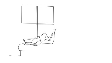Poster - Self drawing animation of single line draw woman lying on windowsill at home. Female resting in room near window. Spending time at home, relaxing after work. Continuous line draw. Full length animated