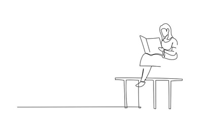 Poster - Self drawing animation of single line draw woman sitting on windowsill and reads newspaper. Relaxed in balcony. Home activities. Stays at home during quarantine. Continuous line. Full length animated