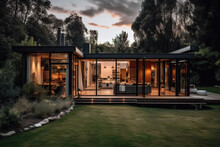 A Contemporary Home With A Large Glass Front, Lawn And A Patio, Is Seen In The Evening. Generative AI