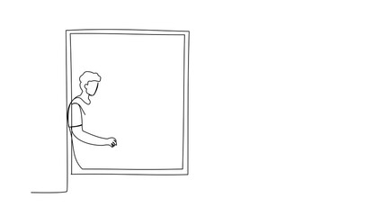 Poster - Animated self drawing of continuous line draw man freelancer sitting on windowsill, working using laptop. Remote work from home. Online education, studying student. Full length one line animation