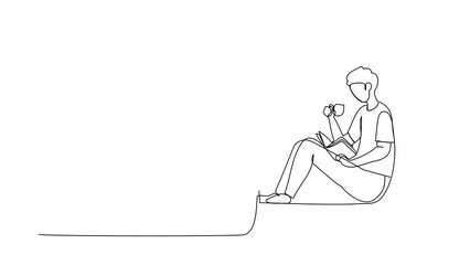 Poster - Animated self drawing of continuous line draw man on windowsill with cup of hot coffee, tea. Stay at home, reading book. Enjoy atmosphere of day in window of room. Full length single line animation