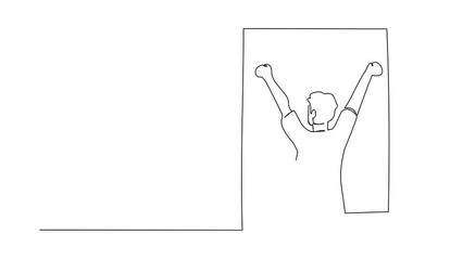 Poster - Animated self drawing of continuous line draw back view relaxed man stretching arms in window after good night sleep. Good morning concept. Male standing at window. Full length one line animation